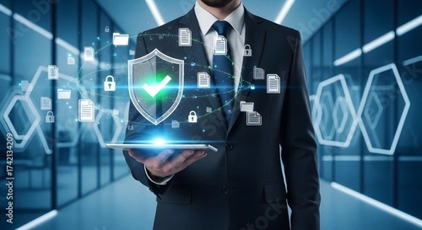 Fototapeta Professional Businessman with Holographic Shield and Digital Security Icons in Futuristic Office