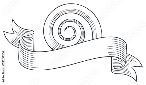Fototapeta Engraved Swirl or Scroll with Ribbon Banner Woodcut Style Design Element Decoration