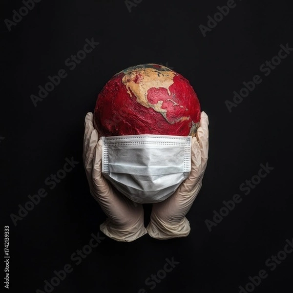 Obraz Human Hands Holding Globe Wearing Medical Face Mask