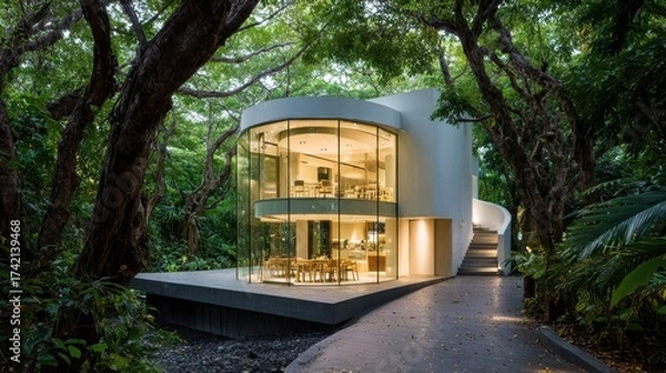 Fototapeta Modern architectural design of a glass house nestled among lush greenery, showcasing a seamless blend of nature and contemporary living in a serene environment.