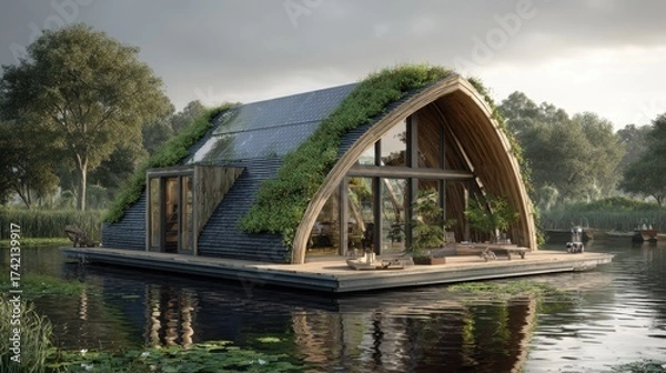 Fototapeta Modern eco-friendly house surrounded by tranquil waters, showcasing sustainable architecture and natural landscaping, ideal for nature lovers and serene getaways.