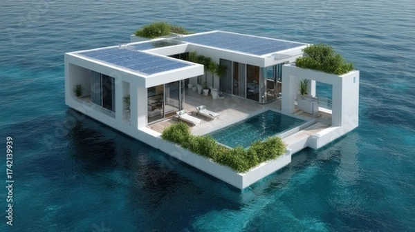 Fototapeta Modern Floating House With Solar Panels Surrounded By Clear Water Showcasing Sustainable Design And Luxurious Living Spaces In A Tropical Environment
