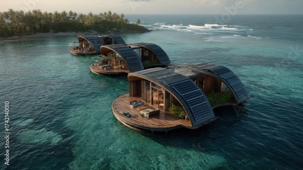 Fototapeta Stunning Aerial View of Eco-Friendly Floating Villas Surrounded by Clear Blue Ocean in a Tropical Paradise with Lush Greenery and Modern Design Elements