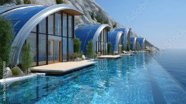 Fototapeta Modern architectural design of eco-friendly villas with solar panels overlooking a serene blue ocean and mountains in the background, showcasing luxury living in harmony with nature.