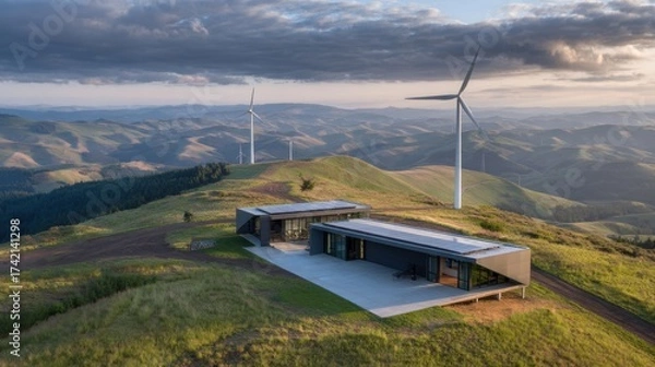 Fototapeta Modern eco-friendly house on a hilltop surrounded by wind turbines and mountains, showcasing sustainable architecture and stunning nature landscape at sunrise