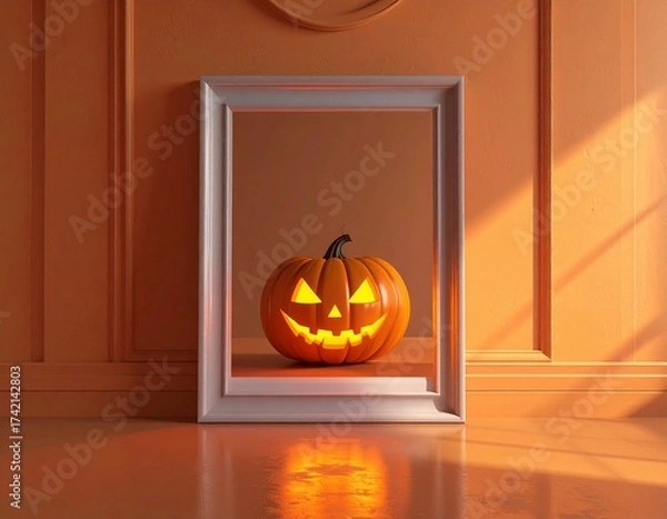 Fototapeta Minimal blank frame with halloween pumpkin reflection