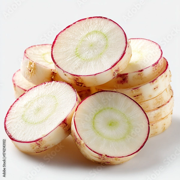 Fototapeta A close up view of a pile of sliced white radishes with red edges on a white background surface