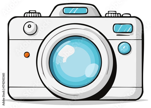 Fototapeta White digital camera with a blue lens in a fun cartoon illustration style