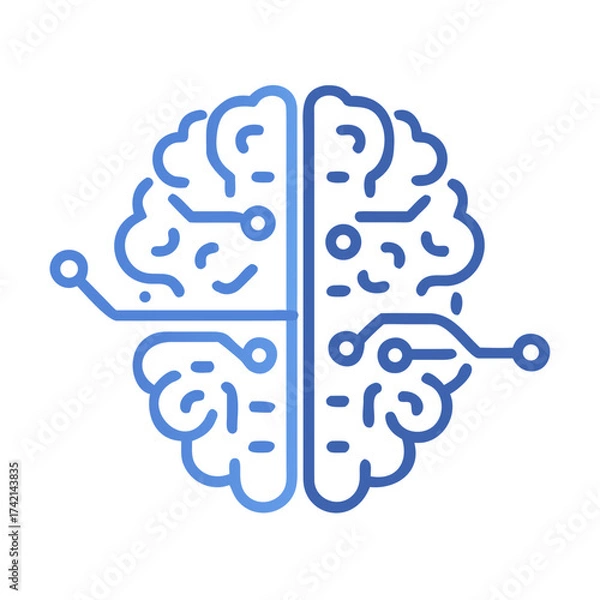Fototapeta AI brain icon with circuit lines, minimal futuristic design, vector style, blue and silver color
