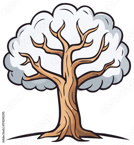 Fototapeta Bare Cartoon Tree with Cloud Shaped Leaves Gray and Brown with Dark Border
