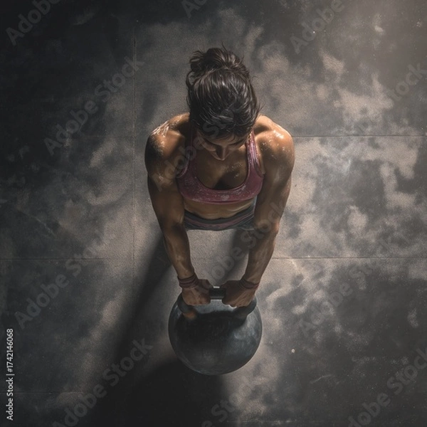 Fototapeta Top-down view of female CrossFit athlete performing kettlebell swings, gym floor textures visible, dynamic motion, realistic sweat and determination, cinematic lighting, square composition