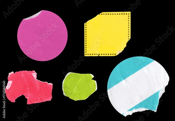 Obraz set of empty grungy adhesive price stickers, multicolored price tags, with free copy space, isolated on black.No A.I.