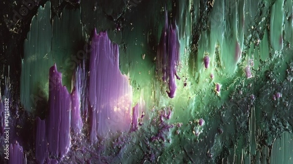 Fototapeta Vivid abstract dripping paint in purple and green neural network AI generated