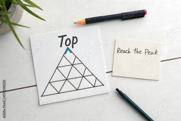 Obraz Geometric triangle design on white surface with text and pens