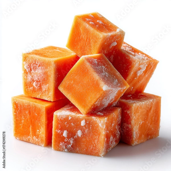 Fototapeta A close up view of a pile of frozen orange cubes against a white background in a studio shot