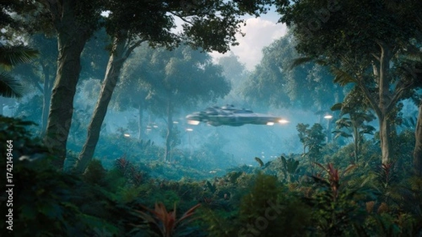 Fototapeta Sci-fi aircraft soaring through lush forest. AI image