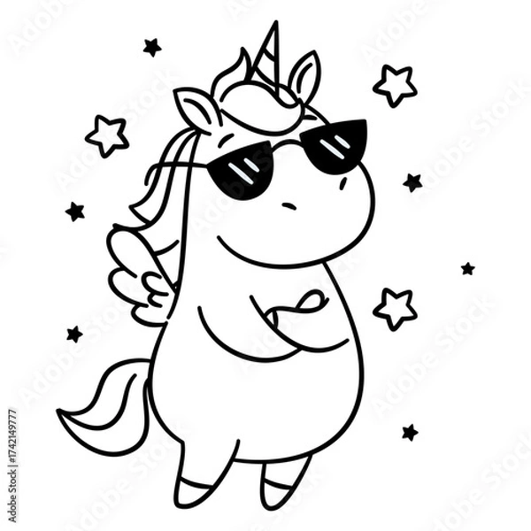 Fototapeta A cute unicorn with wings stands with its arms folded across its chest, wearing sunglasses, surrounded by stars, Linear vector illustration, children's coloring page. Vector illustration