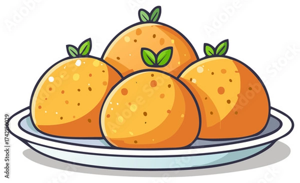Obraz Sweet Laddu Balls Cartoon Illustration on Plate Traditional Dessert Food