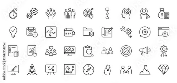 Fototapeta Business management line icon set. Vector pictograms of teamwork, strategy, planning, innovation, finance, project, marketing, and development, thin linear illustration.