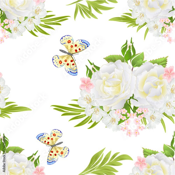 Fototapeta Seamless texture white roses  and buds  and butterfly vintage  festive  background vector illustration editable hand draw
