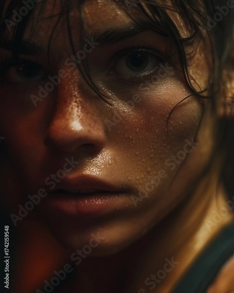 Fototapeta Close-up of sweaty female athlete taking a break after intense indoor workout, exhausted but satisfied expression, moody cinematic lighting, vertical composition