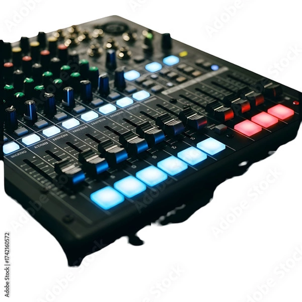 Fototapeta Professional audio mixer console with illuminated controls on transparent background