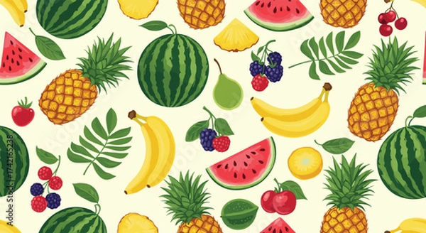 Fototapeta A vibrant pixel art pattern featuring a delightful assortment of fresh summer fruits perfect for a healthy lifestyle.