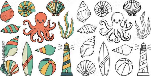 Fototapeta Cute hand-drawn sea life and beach elements vector set. Cartoon octopus, seashells, surfboard, lighthouse, and summer icons in colorful doodle style — perfect for kids’ designs, t-shirts, stickers, an
