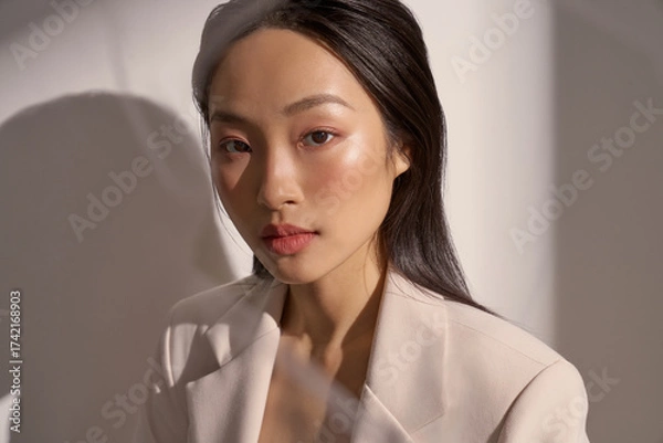 Fototapeta ジャケットを着た若い女性のムーディーなポートレート