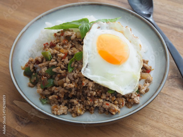 Obraz 目玉焼きをのせたガパオライス