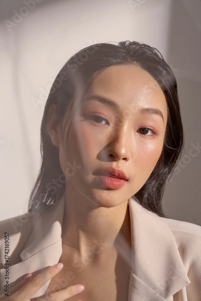 Fototapeta ジャケットを着た若い女性のムーディーなポートレート