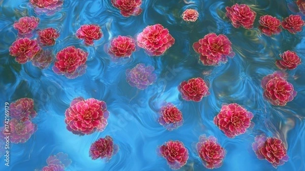 Fototapeta Vibrant red flowers floating on water surface. AI image