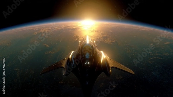 Fototapeta Spaceship orbiting earth at sunrise. AI image