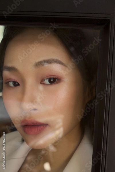 Fototapeta ジャケットを着た若い女性のムーディーなポートレート