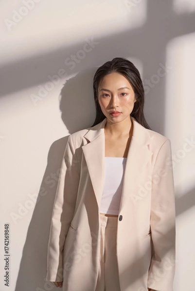 Fototapeta ジャケットを着た若い女性のムーディーなポートレート