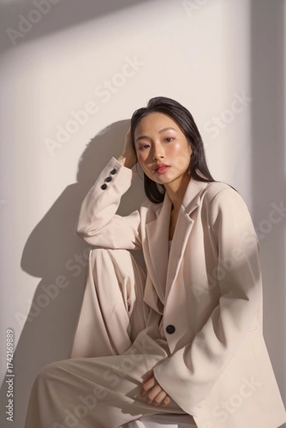 Fototapeta ジャケットを着た若い女性のムーディーなポートレート