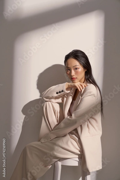 Fototapeta ジャケットを着た若い女性のムーディーなポートレート