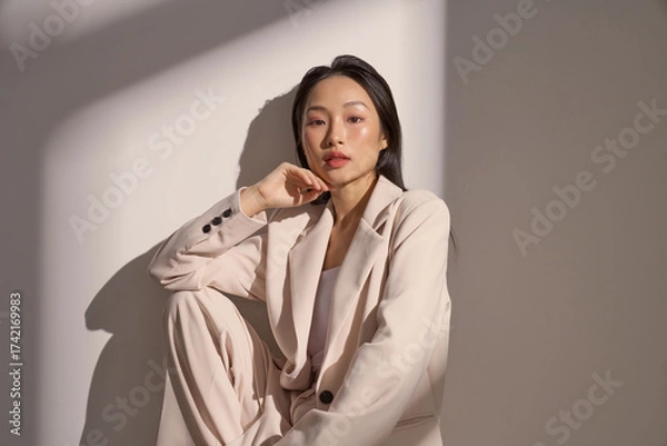 Fototapeta ジャケットを着た若い女性のムーディーなポートレート