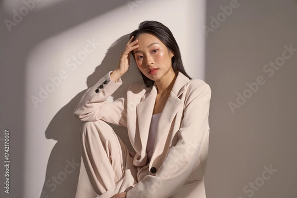 Fototapeta ジャケットを着た若い女性のムーディーなポートレート