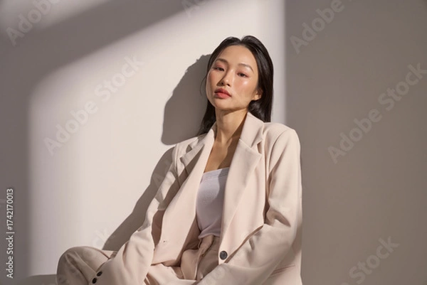 Fototapeta ジャケットを着た若い女性のムーディーなポートレート