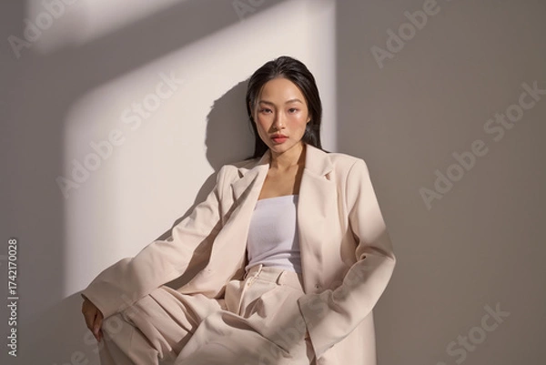 Fototapeta ジャケットを着た若い女性のムーディーなポートレート