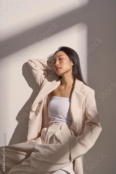 Fototapeta ジャケットを着た若い女性のムーディーなポートレート