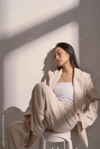 Fototapeta ジャケットを着た若い女性のムーディーなポートレート