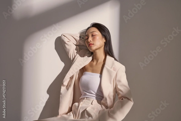 Fototapeta ジャケットを着た若い女性のムーディーなポートレート