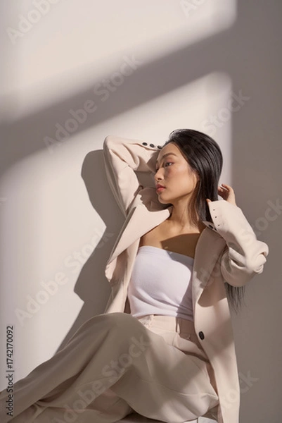 Fototapeta ジャケットを着た若い女性のムーディーなポートレート