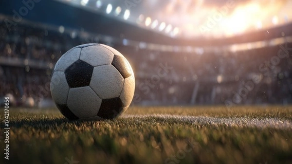 Fototapeta Soccer ball on green field under stadium lights. AI image