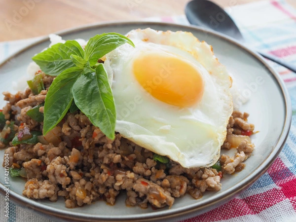 Obraz 目玉焼きをのせたガパオライス