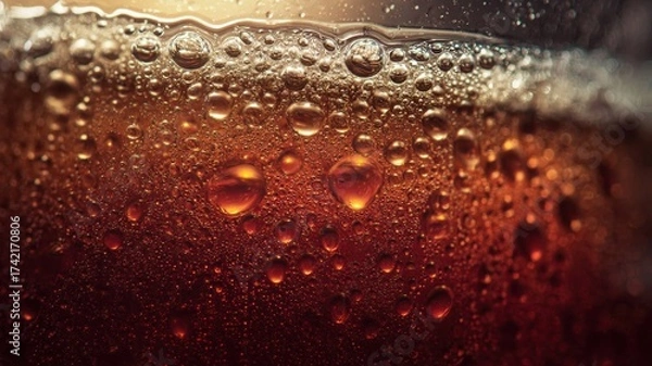 Fototapeta Close-up of ice-cold beverage with bubbles and red lighting. AI image