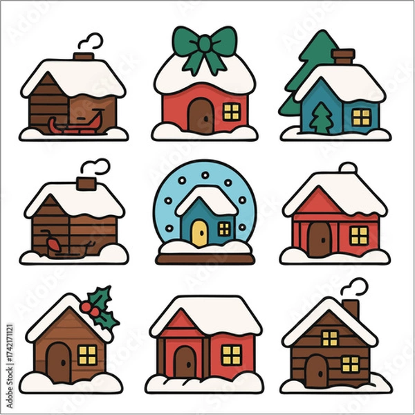 Obraz Flat Icon Set, Cozy Snowy Houses and Winter Cabins 
