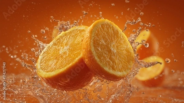 Fototapeta Sliced orange splash on vibrant background. AI image